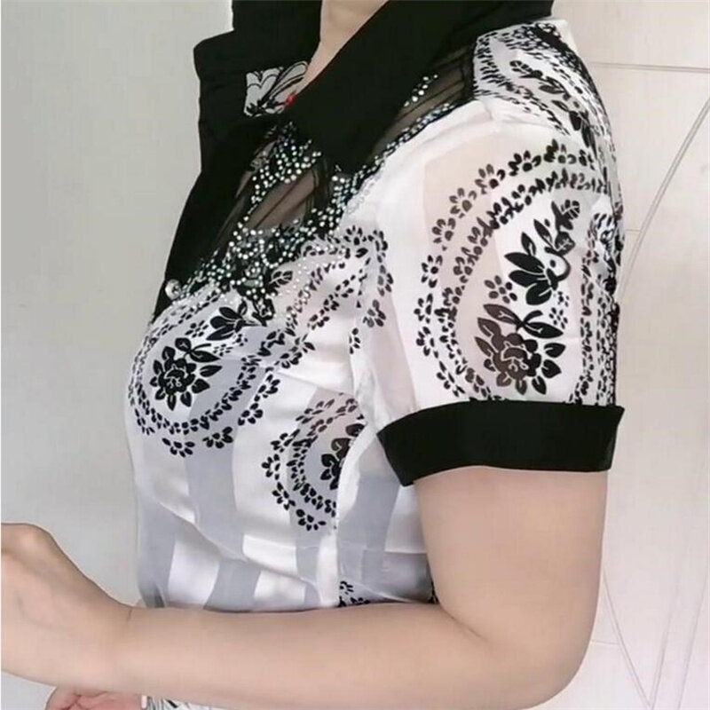 Bluzka damska bluzki letnie koronkowe szyfonowe koszule klapa zszywana, drukowana guziki damskie Blusas Offce koszule damskie koszulki fleurs