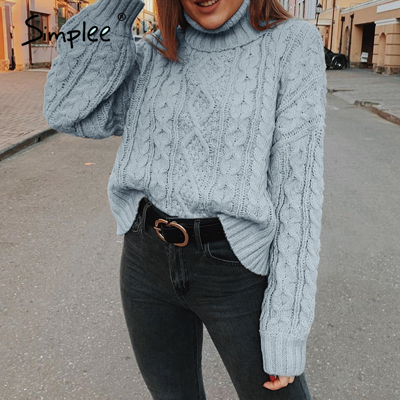 Simplee Knitted turtleneck  sweater autumn winter Batwing long sleeve  female short sweater Ladies loose blue pullover jumpers
