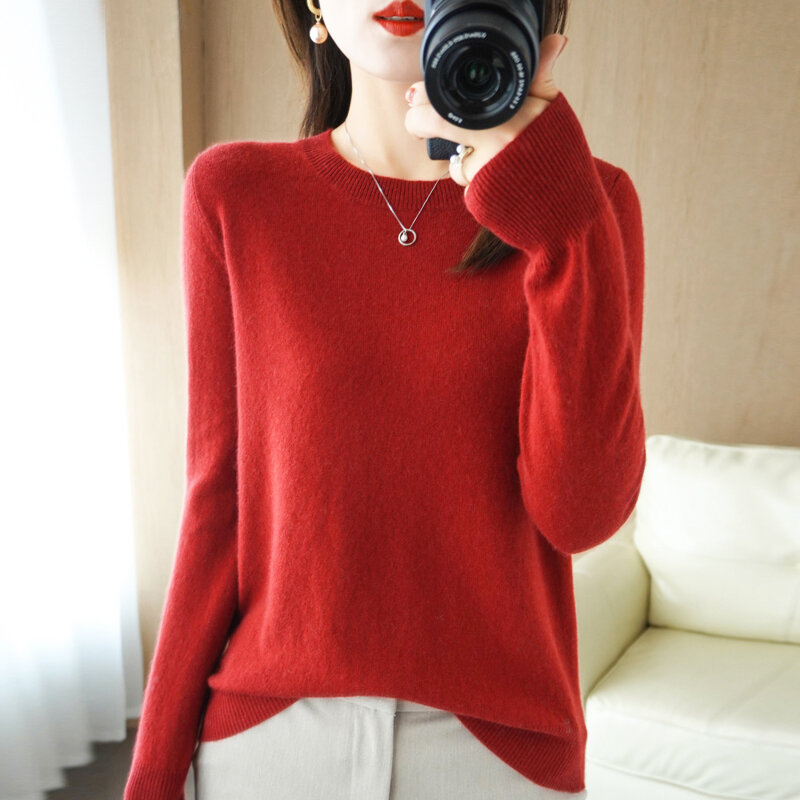 여성용 기본 라운드넥 니트 보터밍 셔츠, 루즈한 단색 긴팔 상의, 와일드 패션 스웨터, 2021 가을 겨울 신상