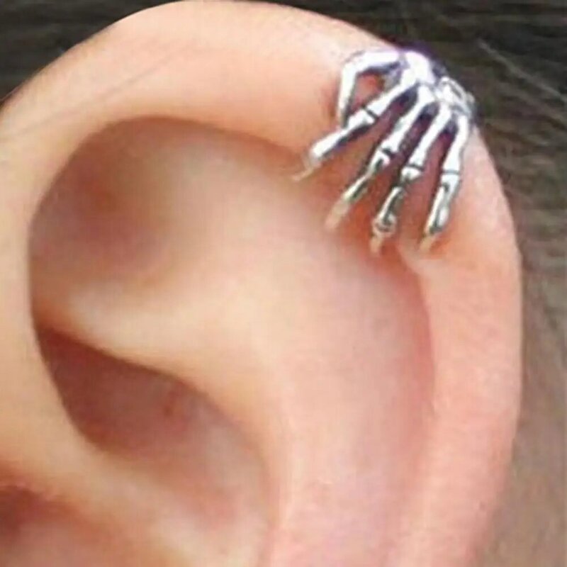1Pc Women Men Earring Unisex Punk Simple Design Silver Color Skeleton Finger Hand Ear Clip Ear Cuff