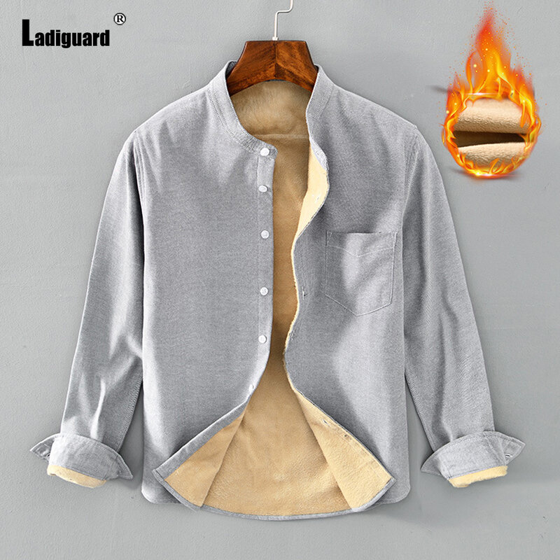 하라주쿠 2021 패션 두꺼운 플러시 셔츠 플러스 사이즈 남성 겨울 따뜻한 블라우스 Lepal Collar 기본 탑 캐주얼 남성 벨벳 아웃웨어