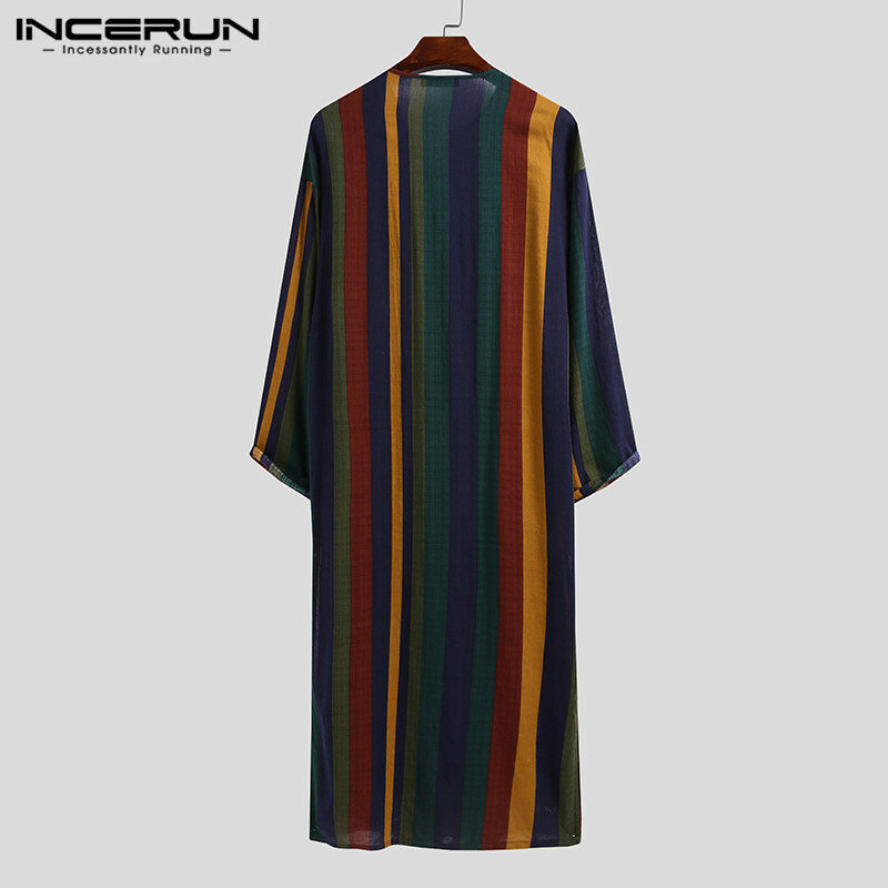 INCERUN-túnica étnica Vintage a rayas para hombre, caftán musulmán de manga larga, cuello redondo, botones, Jubba, Thobe, bolsillos, ropa árabe de Dubái