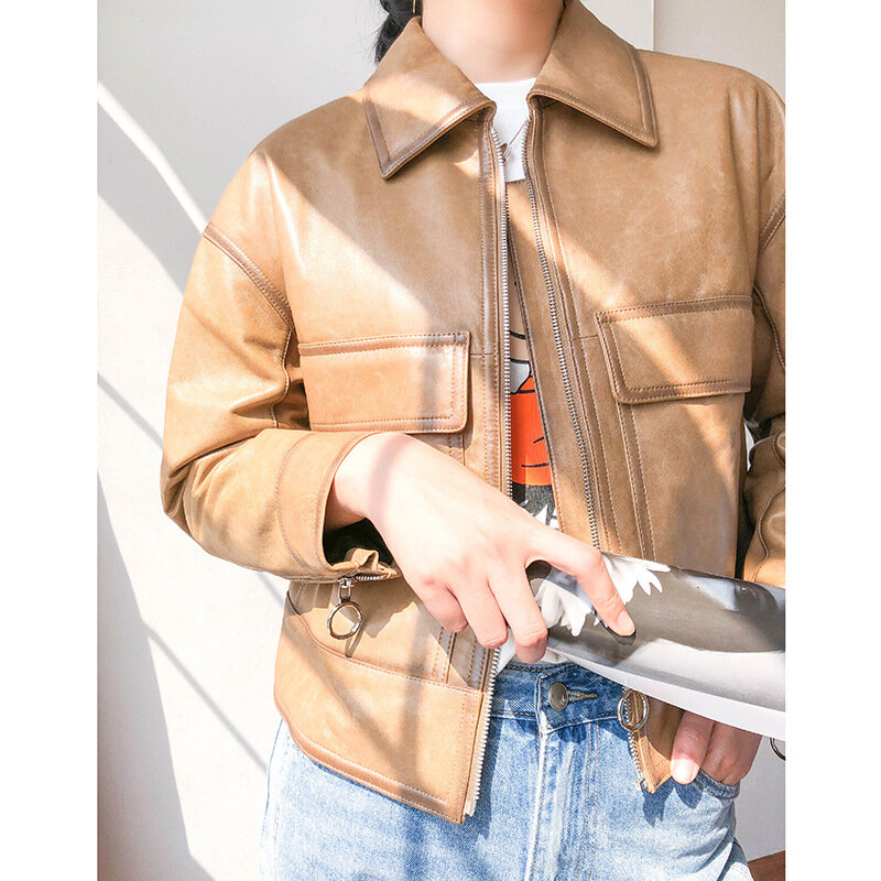 Casaco de pele de carneiro feminino, jaqueta vintage de couro legítimo coreano para mulheres primavera e outono 2020