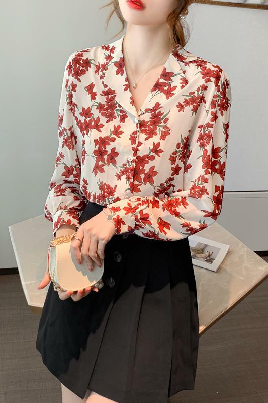 여성용 꽃무늬 프린트 플라워 상의, 라펠 긴팔 셔츠, 루즈한 쉬폰 셔츠, 패션 블라우스, 2020 가을