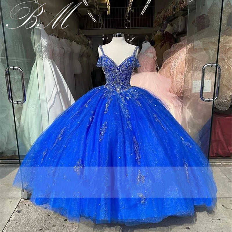Robe de Quinceanera bleu royal avec bretelles spaghetti, robe perlée Sweet 16, corset au dos, robe de Rh, robe de princesse de luxe, robe éducative, 15 ans