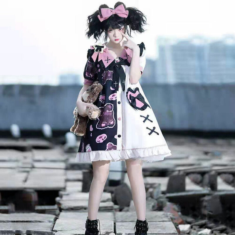 Urso de morango feminino Lolita vestido gótico de manga curta, costura assimétrica, cosplay feminino, demônio anjo do Dia das Bruxas, kawaii