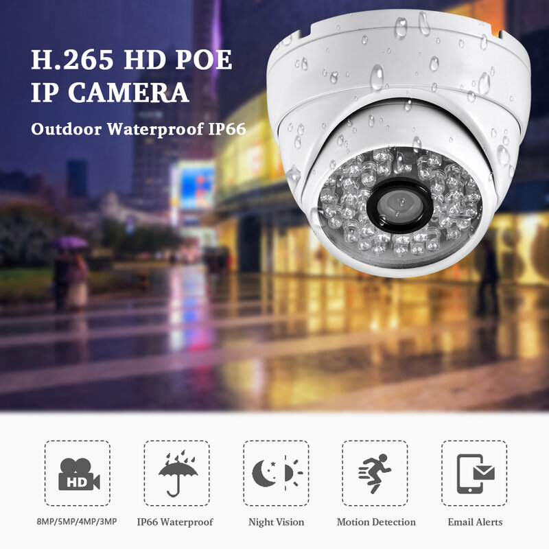 Câmera IP impermeável da abóbada do metal, fiscalização video, CCTV exterior, POE, P2P, 4K Ultra HD, 8MP, H.265 +, 5MP, 4MP
