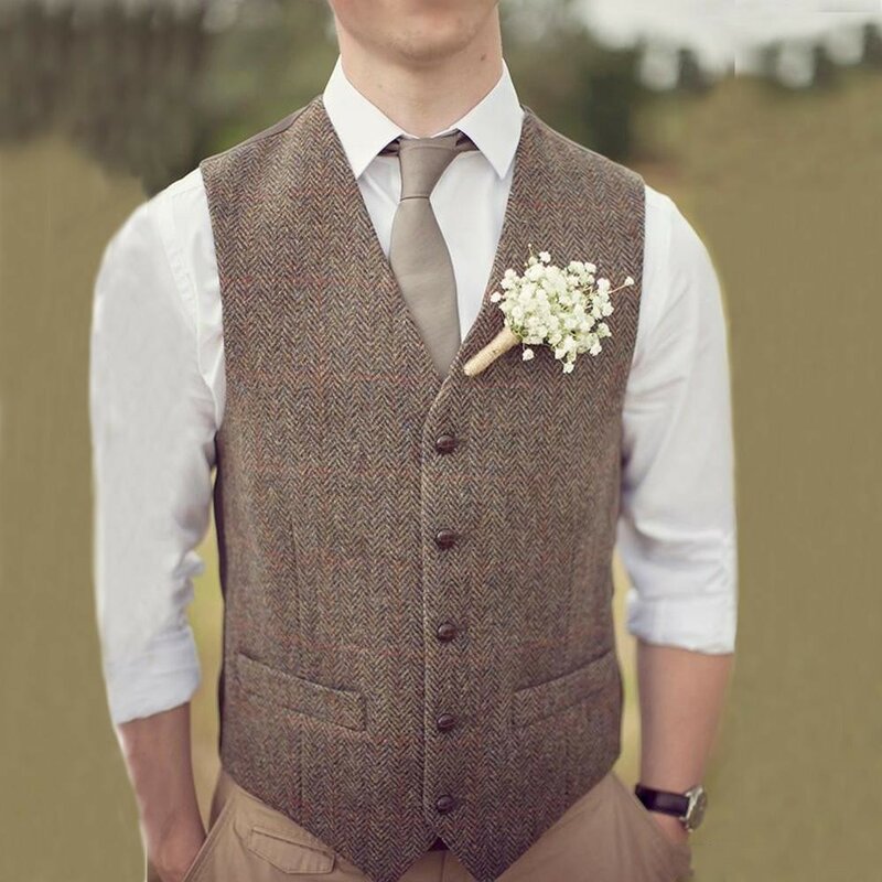 Rustic Wool  Brown Groom vests Wedding Country Tweed slim fit wedding Party for men Attire Groomsmen Vest Prom