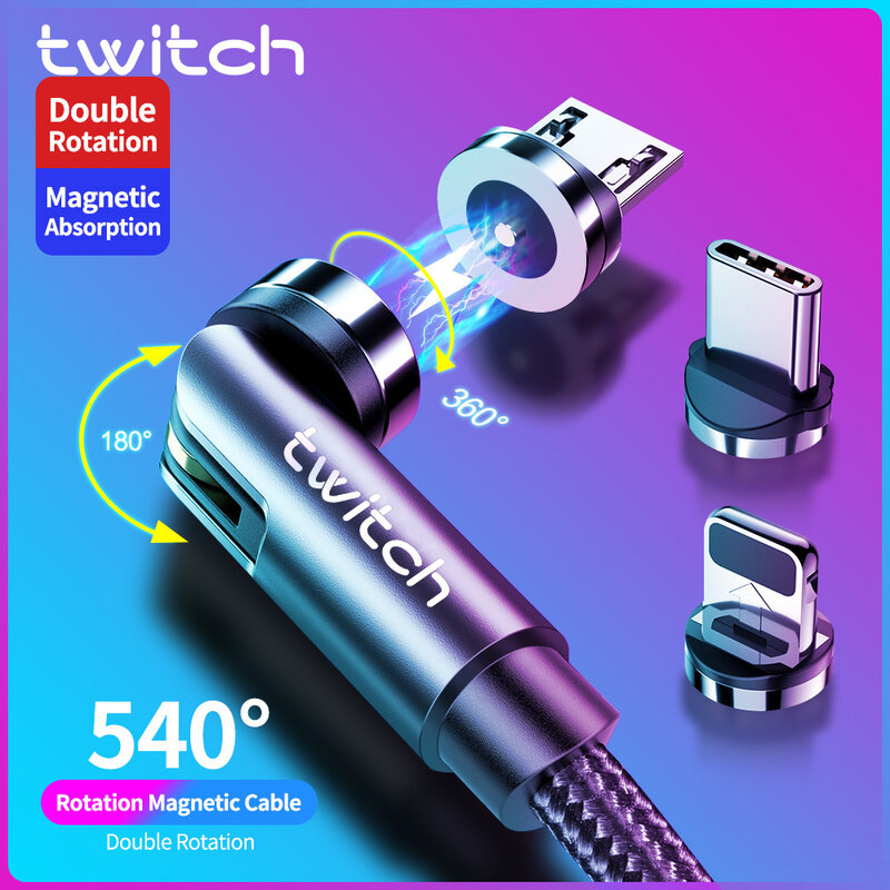 Twitch-Câble magnétique 3 en 1 pour téléphone Huawei et iPhone, micro type C, charge rapide, USB 540, rotation, 3A