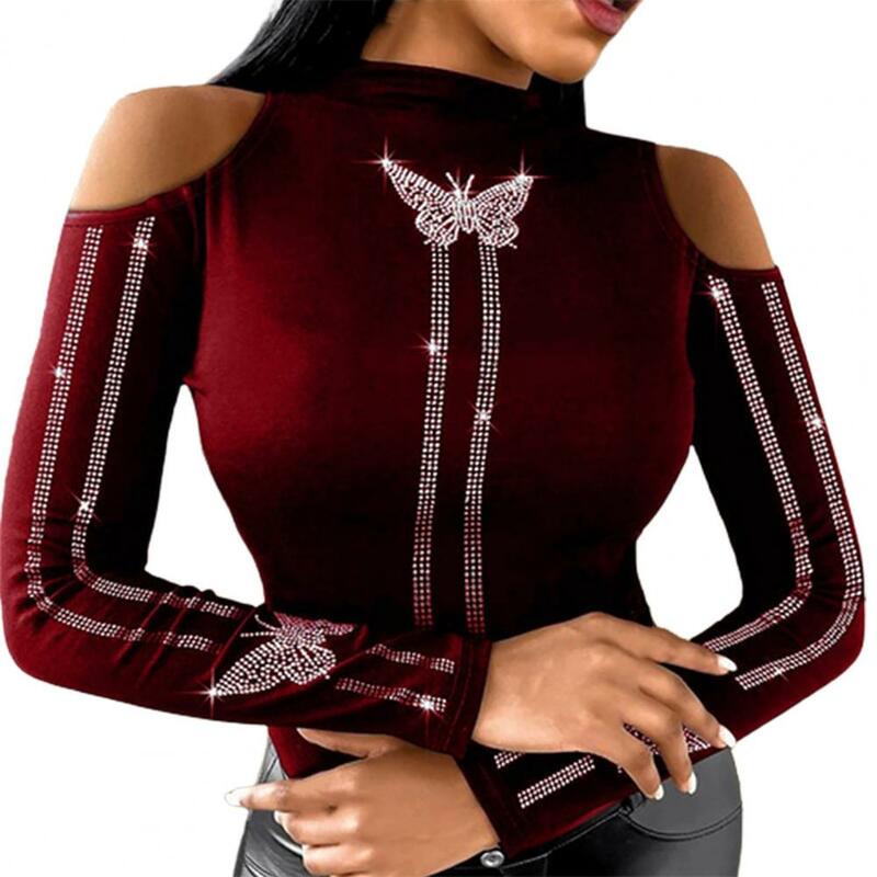 Bluzka kobiety zimno ramię z długim rękawem mieszanka bawełny nabijane motyl koszula na jesień odzież damska odzież uliczna кофта 2021
