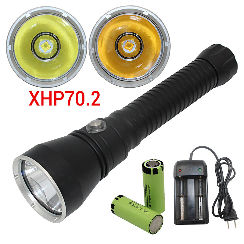 XHP70.2 LED 다이빙 손전등, 방수 램프 토치 화이트 옐로 라이트 수중 4000 M XHP70 led 전술 손전등, 100 루멘