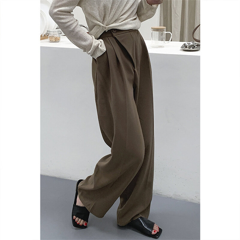 8133 outono feminino novas calças retas drape cintura alta irregular botão chique all-match temperamento senhora do escritório terno longo calças