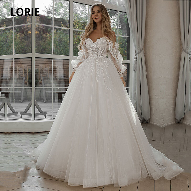 LORIE Glitter suknie ślubne bufiaste rękawy aplikacje koronkowe 3D kwiaty off Shoulder Tulle Boho suknia ślubna 2021 vestidos de novia