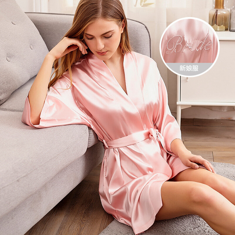 The New Bridal Ice Silk Nightgown Soft Silky Embroidery Floral Cardigan Dressing Gown Home Service Bridesmaid Bathrobe Pajamas