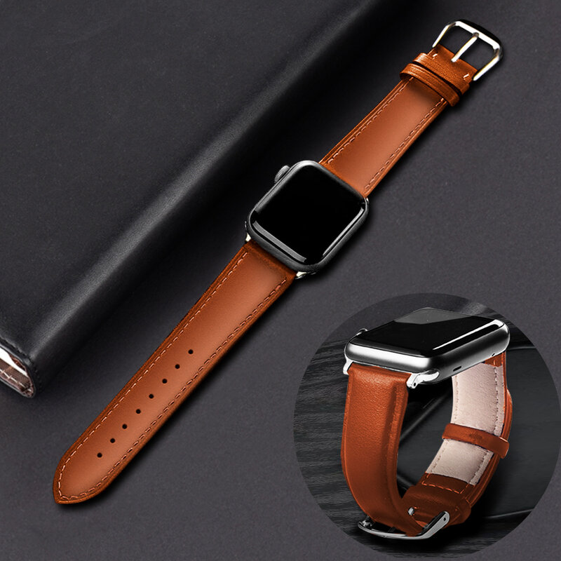 Pulseira de couro marrom para apple watch 4 3 2 1 38mm 40mm, pulseira de couro masculino para iwatch 5 44mm 42mm pulseira