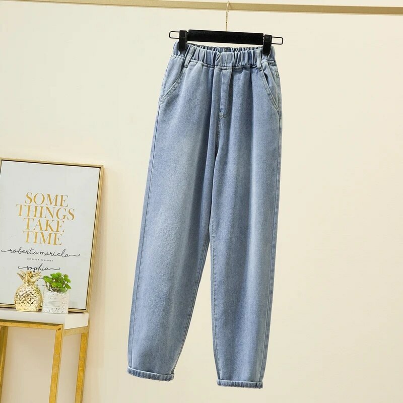 Женские джинсы 2022, свободные джинсовые брюки с эластичным поясом, повседневные однотонные мешковатые брюки для мам, брюки на весну и лето