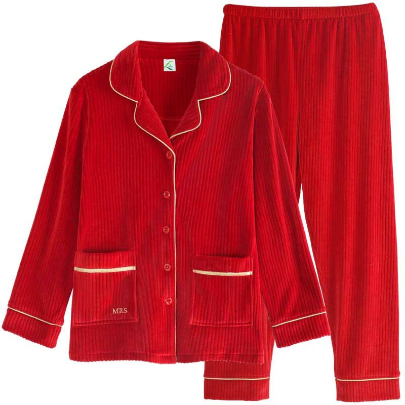 Festive Red Wedding Island Velvet Pajamas Set For Lovers Solid Colour Couples Thick Flannel Sleepwear Pijama Hombre Pijama Mujer