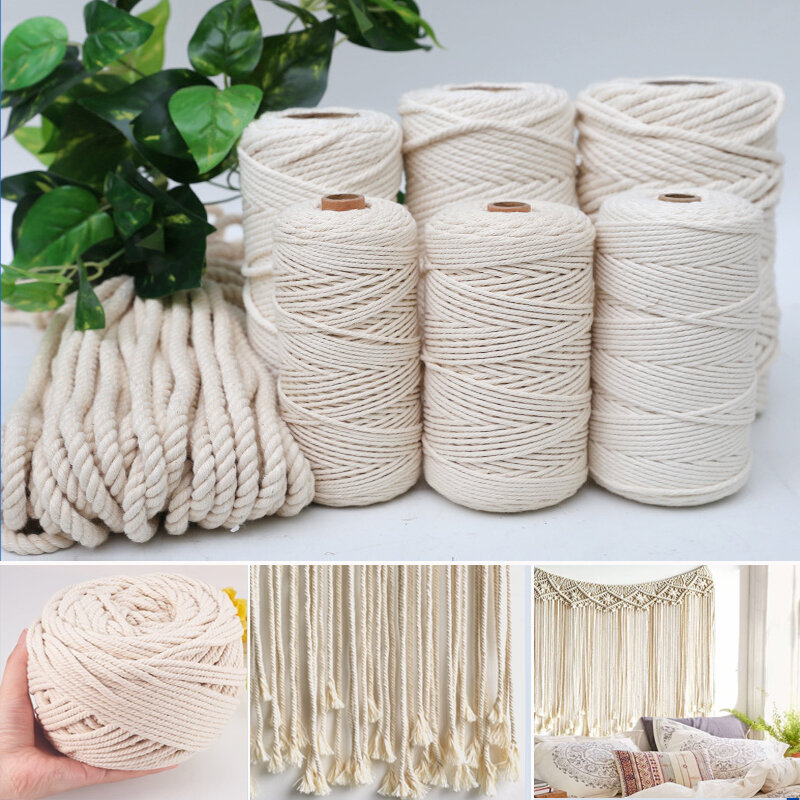 Cuerda trenzada de macramé para manualidades, cordón de algodón Natural, 10-400M, 1/2/3/4/5/6mm, para tejer, boda, Dec