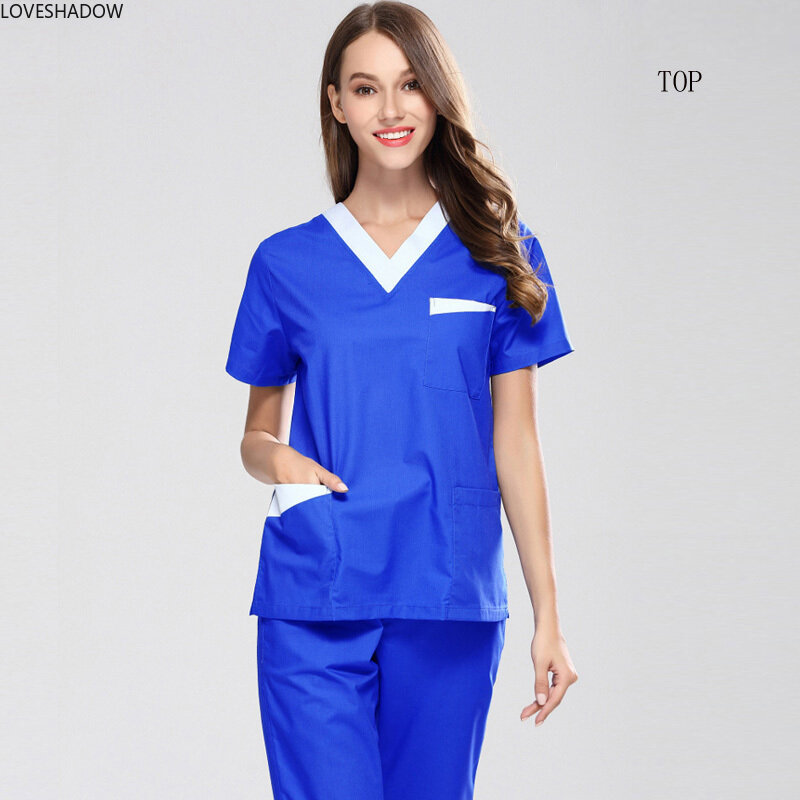 Reine Baumwolle Farbe Blockieren Peeling Top Doktor Nurse Vet Medical Uniformen Kurzarm V-ausschnitt Seite Vent Shirt mit Großen taschen