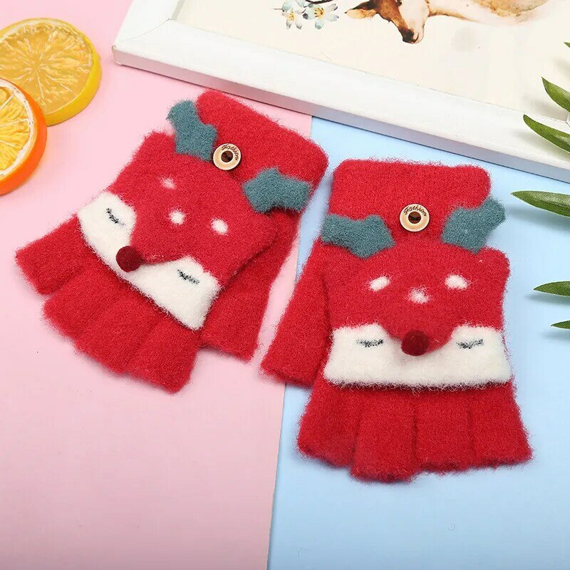 Fashion Children Winter Warmer Imitation Mink Knitted Half Finger Flip Gloves Girls Outdoor Riding Mittens Christmas Party Gift