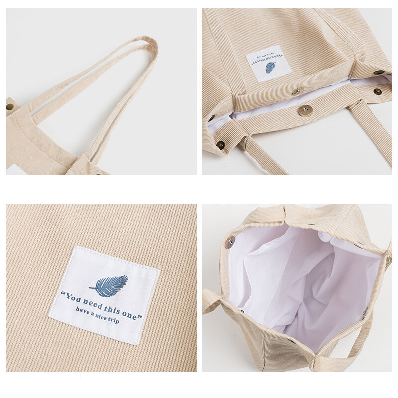 KOKOPEAS Casual Foldable Corduroy Shopping Bag High Quality Eco friendly Reusable Grocery Tote Handbag Lightweight Shoulder Bags