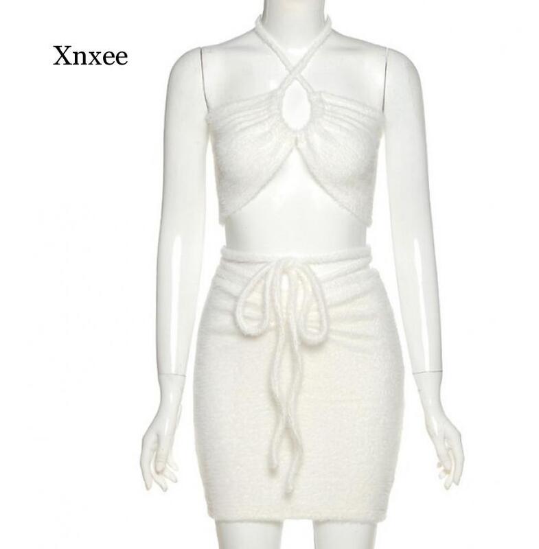 White Y2K Fashion Hollow Out Ruched Bandage Co-Ord Suit 2000S Streetwear Halter Crop Tanks and Bodycon Mini Skirts 2 Piece Set