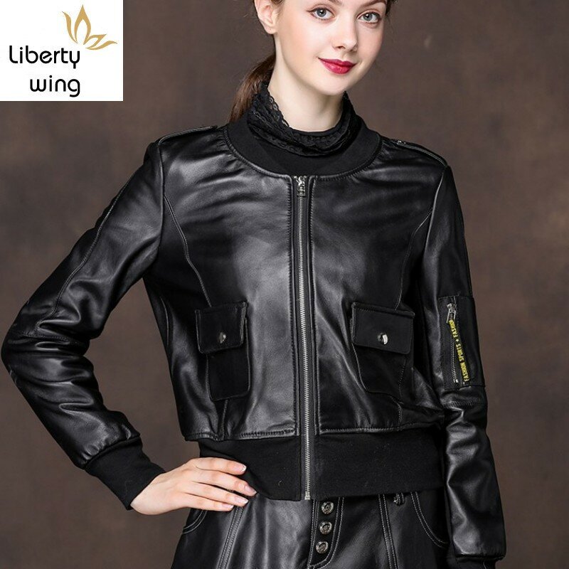 2020 neue Frauen Schaffell Aus Echtem Bomber Kurze Stil Moto Biker Weibliche Leder Mantel Slim Fit Outwear Herbst Jacke