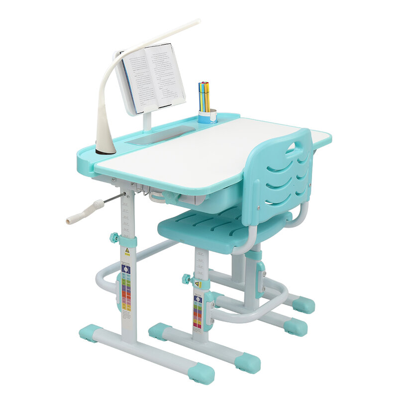 Mesa e cadeira de aprendizagem infantil com manivela manual, 70/80cm, azul-verde (com suporte para leitura, interface usb, lâmpada de mesa)