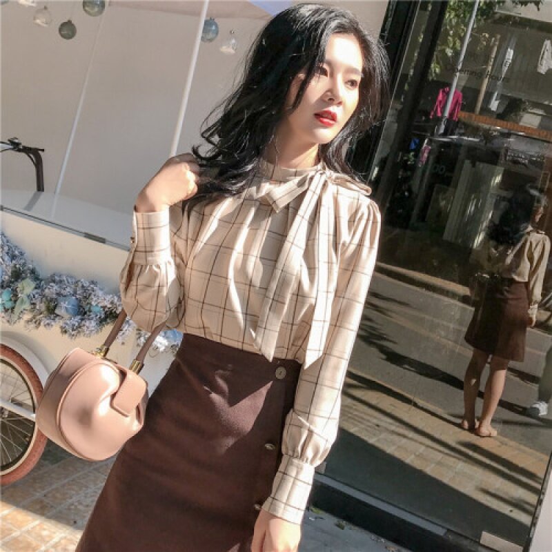 Camisa xadrez de manga comprida feminina, camisa solta coreana de chiffon para mulheres, com laço e alça, outono 2020