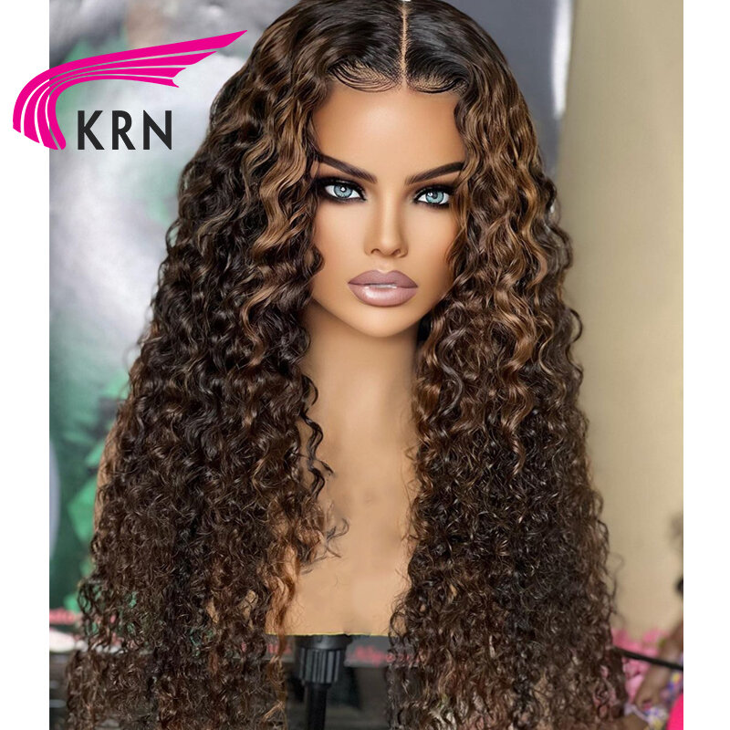 KRN-Peluca de cabello humano rizado para mujer, postizo de encaje frontal 13x6, pelo brasileño con cierre 4x4, color rubio degradado