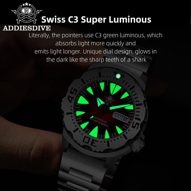 ADDIESDIVE Monster relógios mecânicos automáticos para homens, aço inoxidável Sapphire, moldura cerâmica, 200m impermeável Diver Watch, NH36