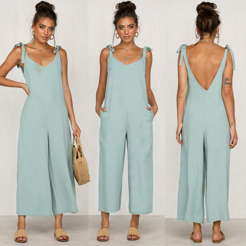 Women Rompers Casual Loose Linen Cotton Jumpsuit Sleeveless Backless Playsuit Trousers Strappy Jumpsuits Autumn Summer New