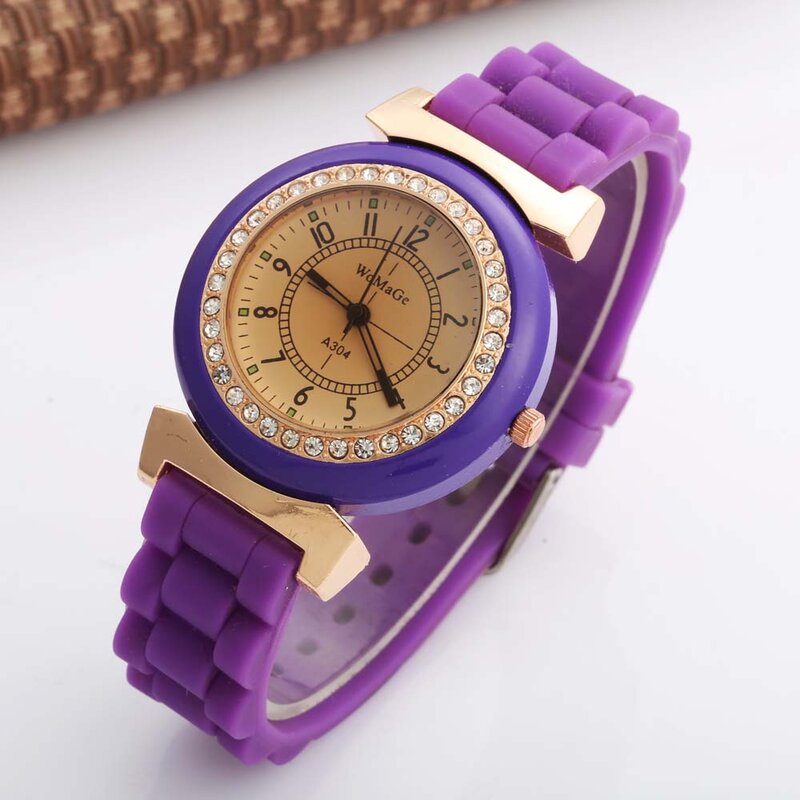 WOMAGE-여성 라인석 시계, 최고 브랜드 실리콘 시계, 패션 캐주얼 쿼츠 시계, 스포츠 시계, 여성 시계