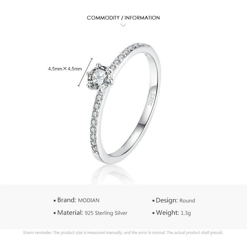 Modian-Simples Rodada Clara CZ Anéis de Dedo para Mulheres e Meninas, Presente Fine Jewelry, Sólido 925 Sterling Silver, declaração de casamento