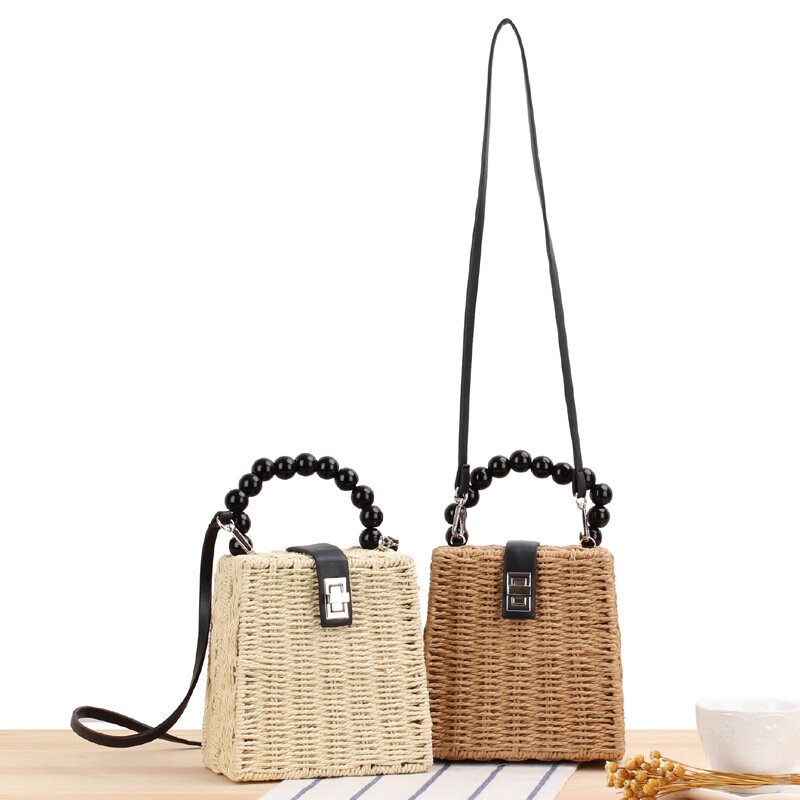 16x16CM New Lovely Wooden Beads Handbag Woven Bag Summer Beach Natural Style Metal Lock Shoulder Straw Bag a7144