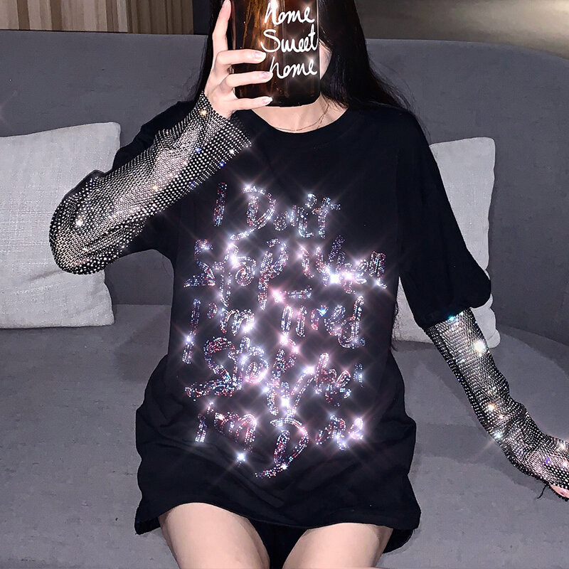 Cakucool Women Beading Mesh Long Sleeve Blouse Fake two pieces Casual Letters Diamond Shimmer Summer Tshirt Tee Tops Large Femme