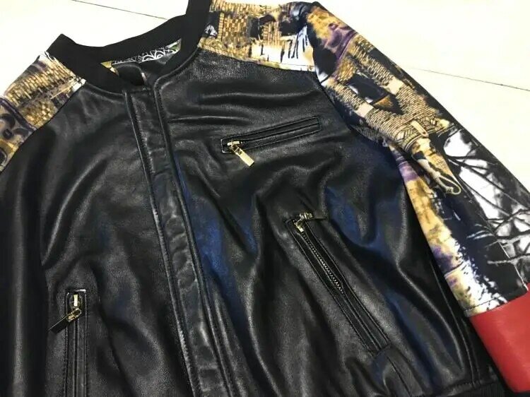 Genuine leather jackets female sheepskin patchwork printed baseball uniform round neck casual short leather jacket coat F1434