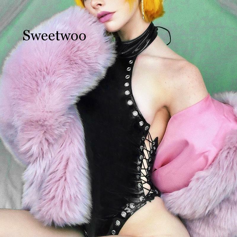 Sweetwoo Fashion Wanita Leotard Tubuh Renda Top PU Kulit Tanpa Lengan Halter Leher Perban Jumpsuit Bodysuit