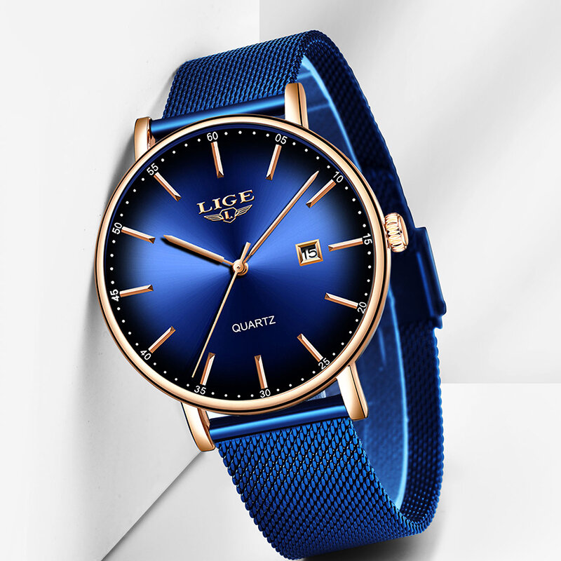 LIGE-reloj analógico de cuarzo para hombre, accesorio de pulsera resistente al agua con calendario, complemento masculino deportivo de marca de lujo con diseño sencillo y estilo informal, disponible en color azul