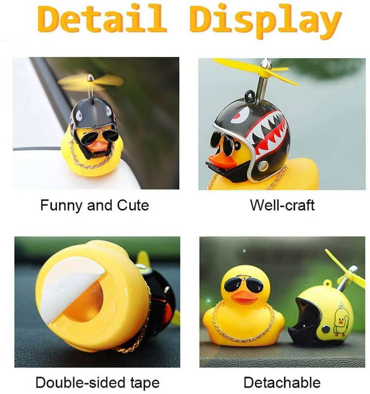 Decorações do painel do carro do pato amarelo, brinquedo de borracha do pato, óculos, capacete da hélice, ornamentos do carro