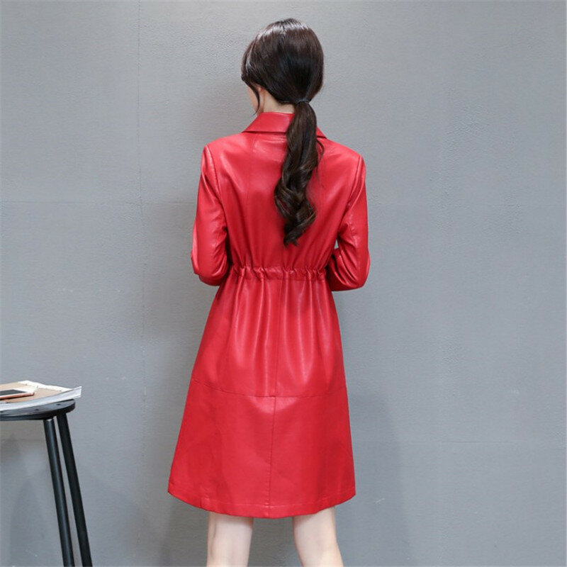 High-end PU leather Jacket Windbreaker Women Autumn Winter Mid-Long Sashes Thick Warm Overcoat 5XL Coat Outwear