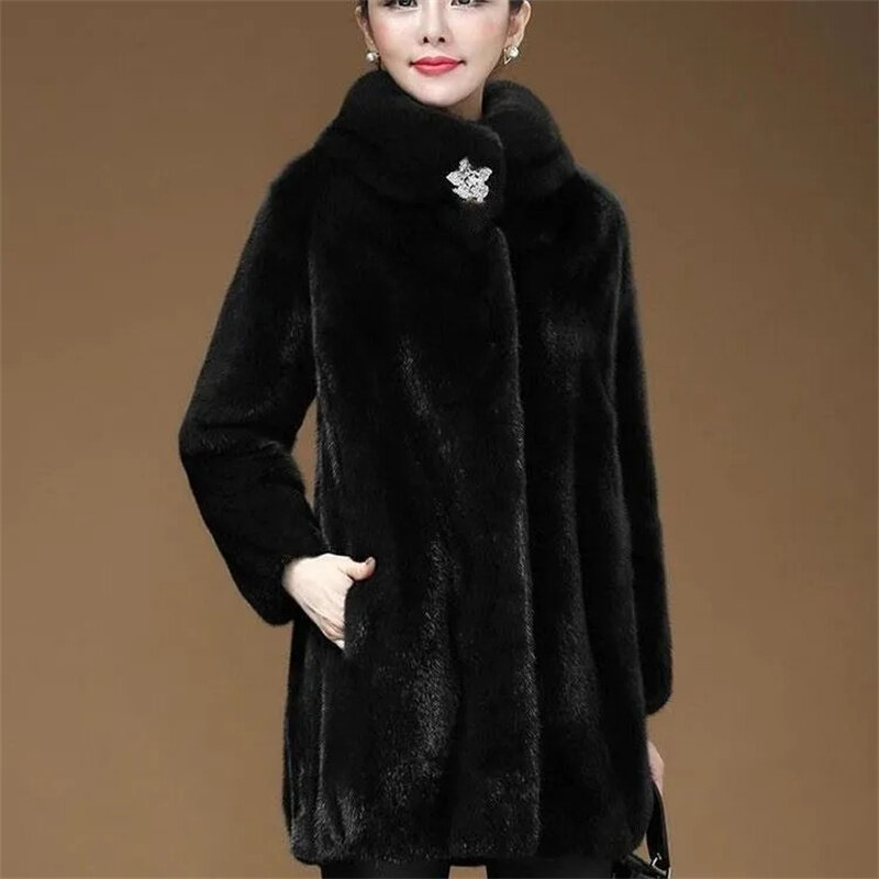 Cor sólida vison inteiro casaco de pele de vison 2021 inverno nova mulher imitação de vison de veludo de comprimento médio casaco de pele mãe roupa vinho tinto a663
