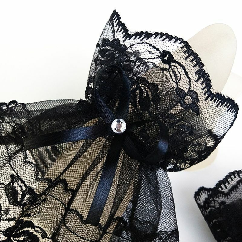 Puños de muñeca de encaje negro para mujer, pulseras de boda, guantes sin dedos con lazo de diamantes de imitación
