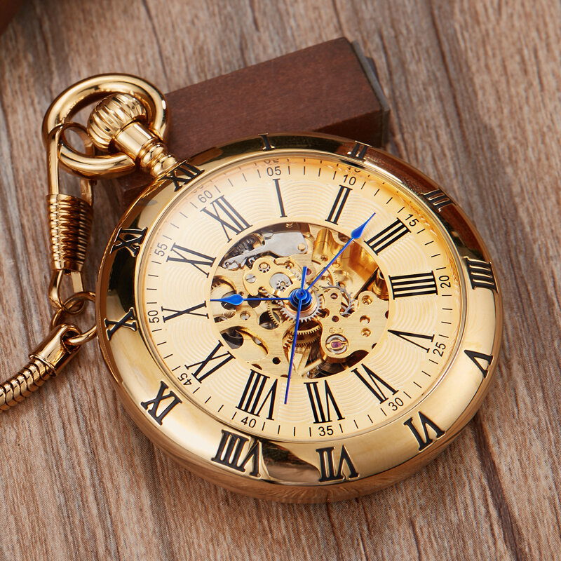 Relógio de bolso mecânico, luxuoso, de cobre e prata, automático, com corrente, números romanos, para homens, relógios de bolso de alta qualidade
