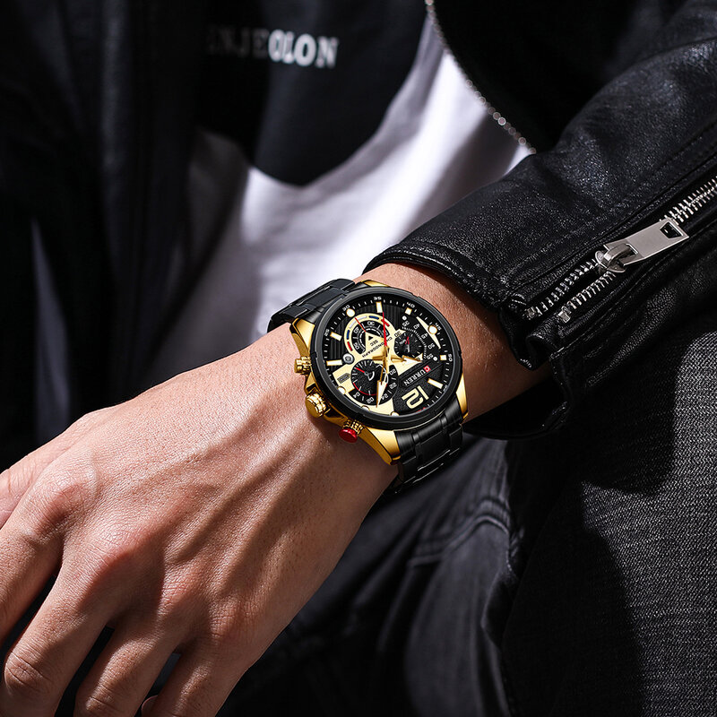 CURREN-Relógio de aço inoxidável impermeável masculino, cronógrafo casual, novo relógio de quartzo de luxo masculino
