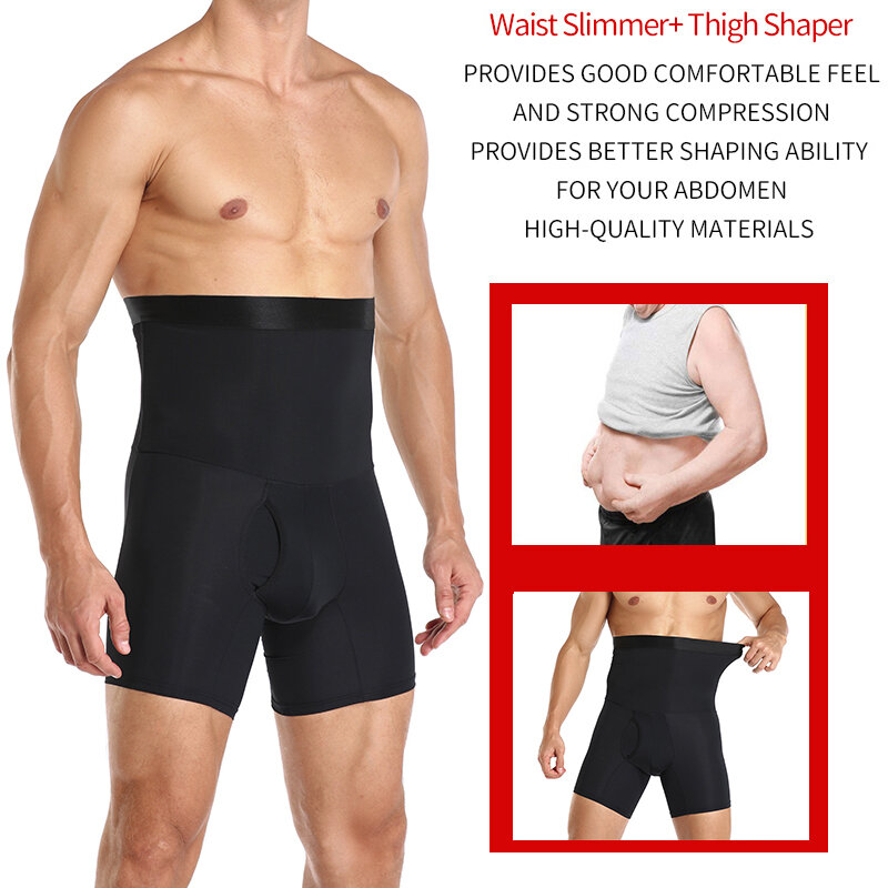 Mens Body Shaperการบีบอัดกางเกงขาสั้นนักมวยสั้นเอวเทรนเนอร์Belly Slimmingเข็มขัดการสร้างแบบจำลองGirdle Anti Chafingชุด...
