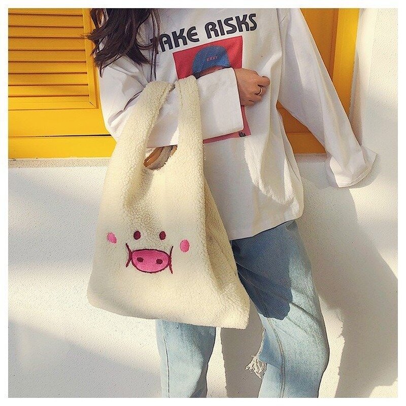 Grande bolsa branca para as mulheres de pelúcia grande sacola bonito dos desenhos animados porco bordado senhoras sacos de mão embreagem branco sacos de compras