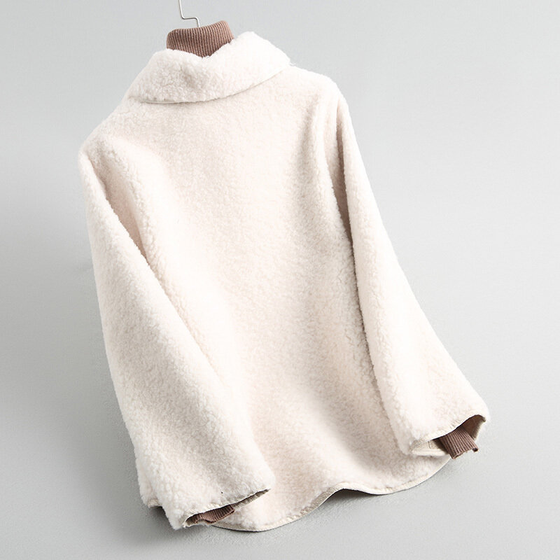 Chaqueta de lana de cordero auténtica para mujer, abrigo corto ajustado elegante, de color liso, moda coreana, LW339, 2020, invierno y otoño, 39033