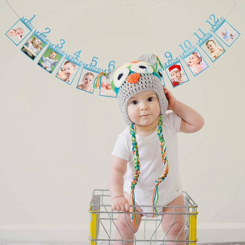 Banner de foto de bebé, cartel de cumpleaños de primer año, guirnalda de fotomatón de 1-12 meses, Banner de foto de Milestone mensual