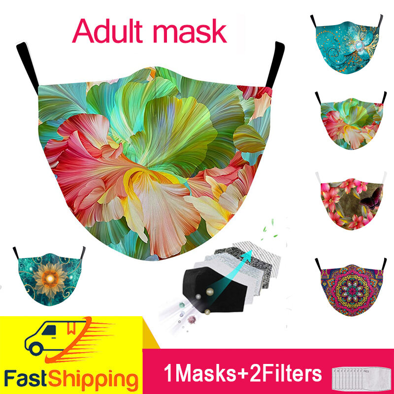 Mascarilla reutilizable de tela lavable con filtro, máscara de tejido, máscara impresa de flores a la moda, mascarilla lavable con filtro reutilizable